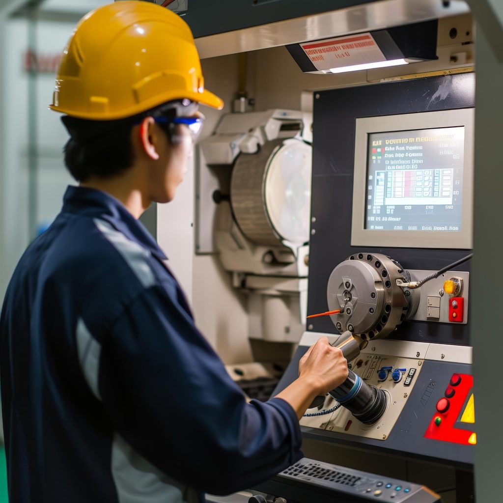 Atölyede CNC torna ve freze tezgahının yanında bakım planını inceleyen teknisyen