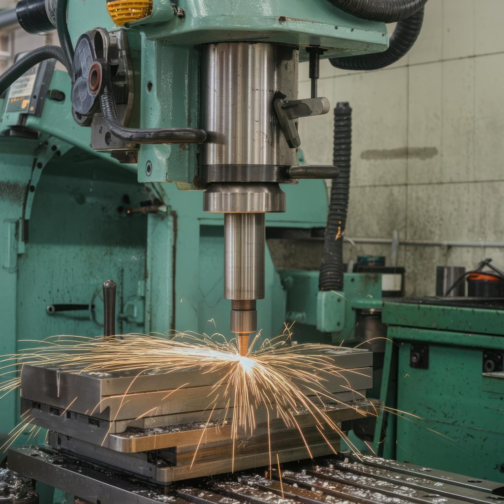 Çalışan bir CNC freze tezgahında metal parça işlenirken